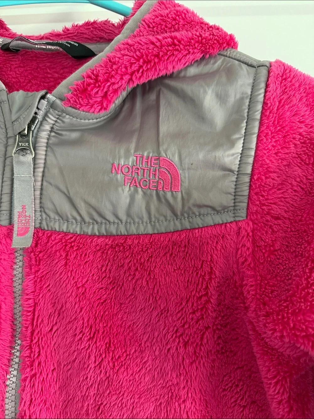 The North Face Girls' Magenta Fleece Hoodie with Gray Shoulder Panels